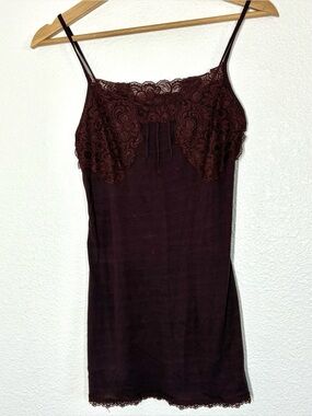 Solemio Full Slip Womens Small Burgundy Modal Lace Trim Stretch Chemise Lingerie